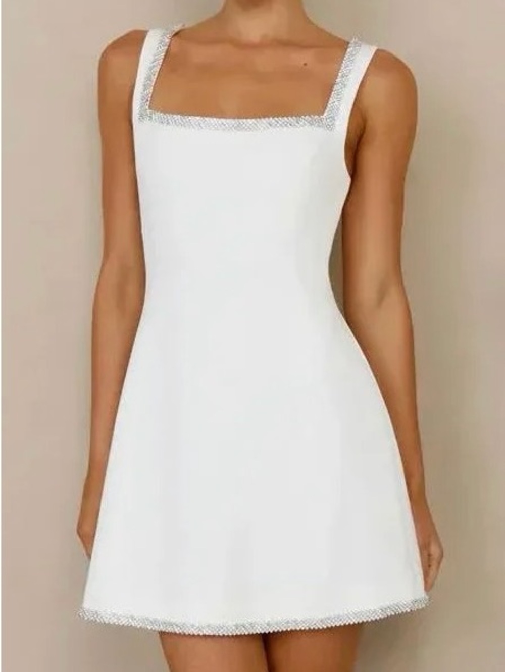 NWT Hello Molly White Square Neck Mini Dress with Beaded Trim